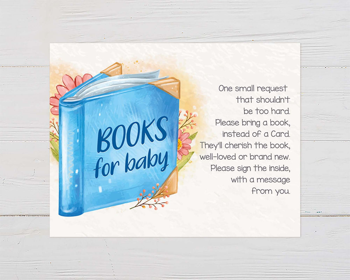 Books for Baby invitation card with blue book illustration and request for guests to bring a book for baby shower gifts. Floral background design.