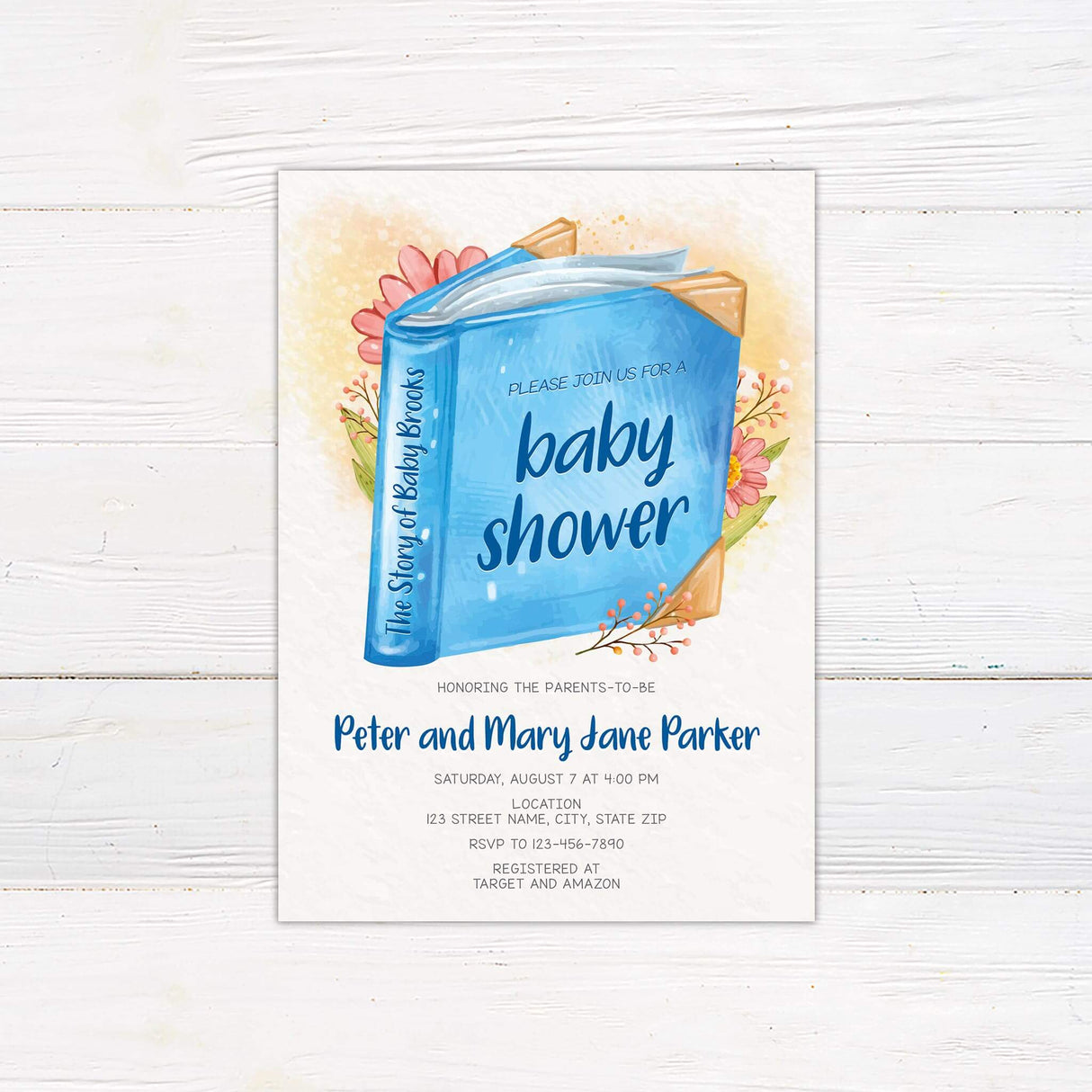 Baby shower invitation card featuring a blue book design with floral accents, announcing a celebration for Peter and Mary Jane Parker.