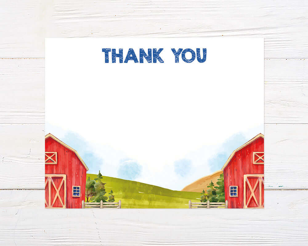 Colorful watercolor illustration featuring two bright red barns on either side, with green hills and a blue sky in the background. The words "THANK YOU" appear in bold blue letters at the top center, creating a cheerful and playful design with space for personalized text in the middle.