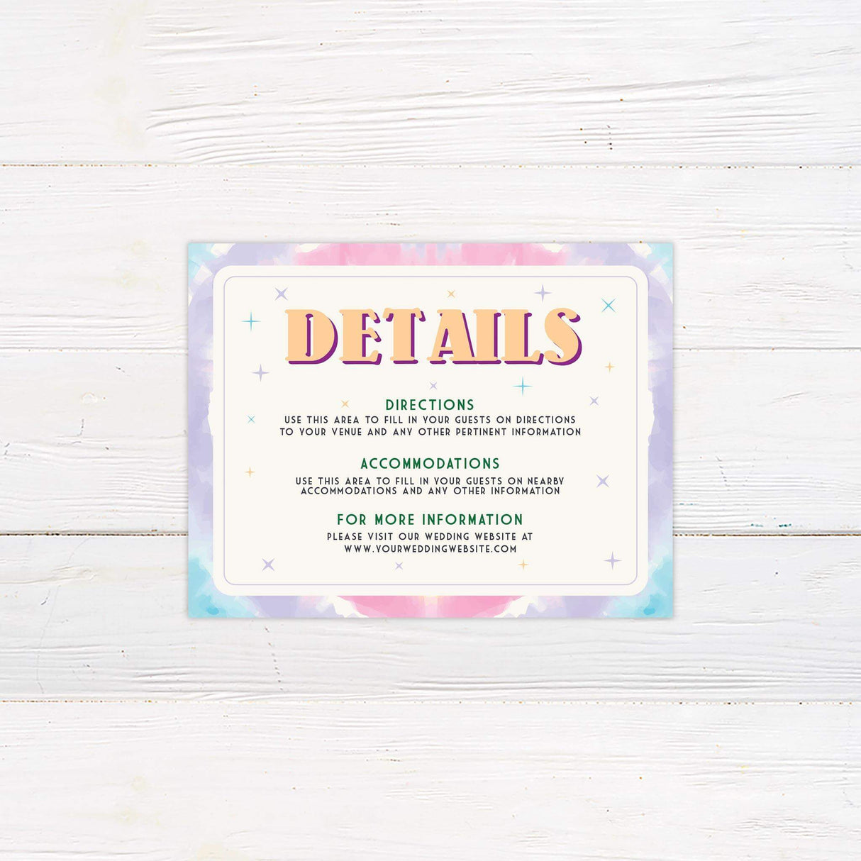 Matching tie dye detail card with pastel border and minimalist layout to complement the groovy wedding suite.