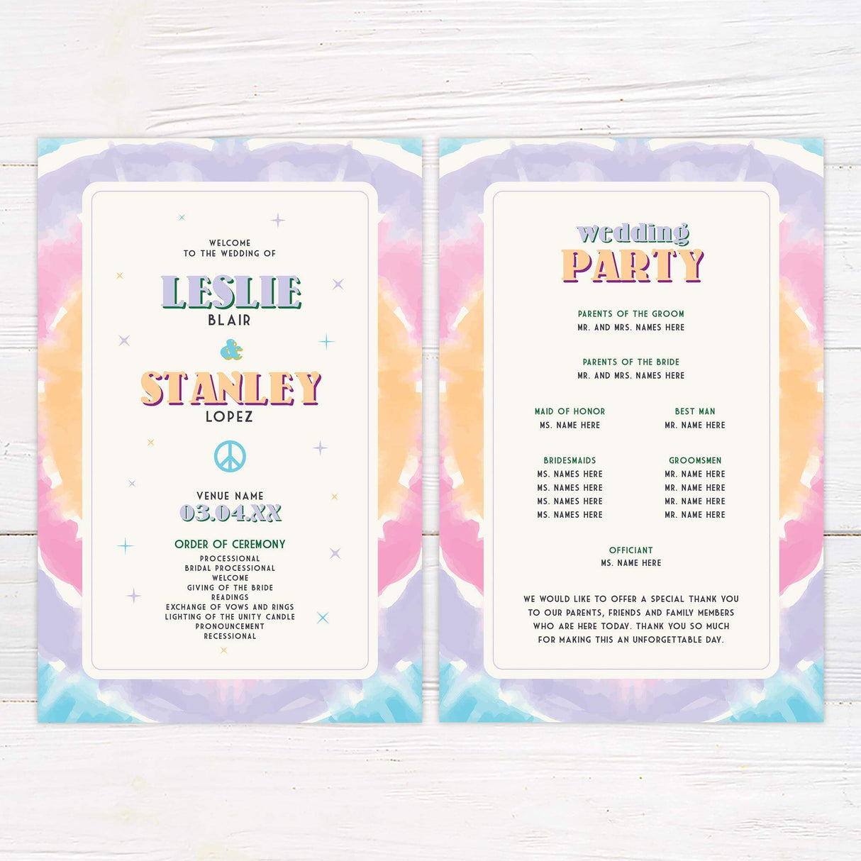 Printed wedding program featuring peace signs, retro pastel fonts, and tie dye watercolor details for a cohesive 70s-inspired design.