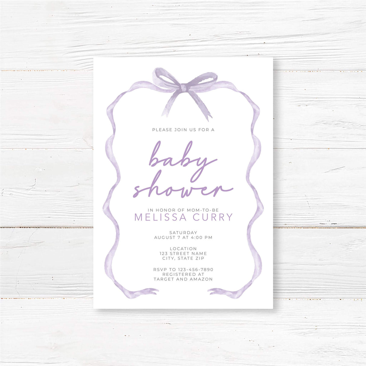 Tied with a Ribbon Baby Shower Invitation featuring purple ribbon design and customizable text on white cardstock for gender-neutral showers.