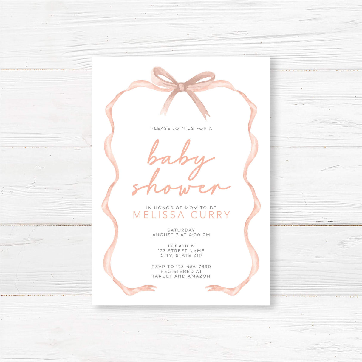 Elegant baby shower invitation with hand-painted ribbon design and customizable details for a gender-neutral celebration.