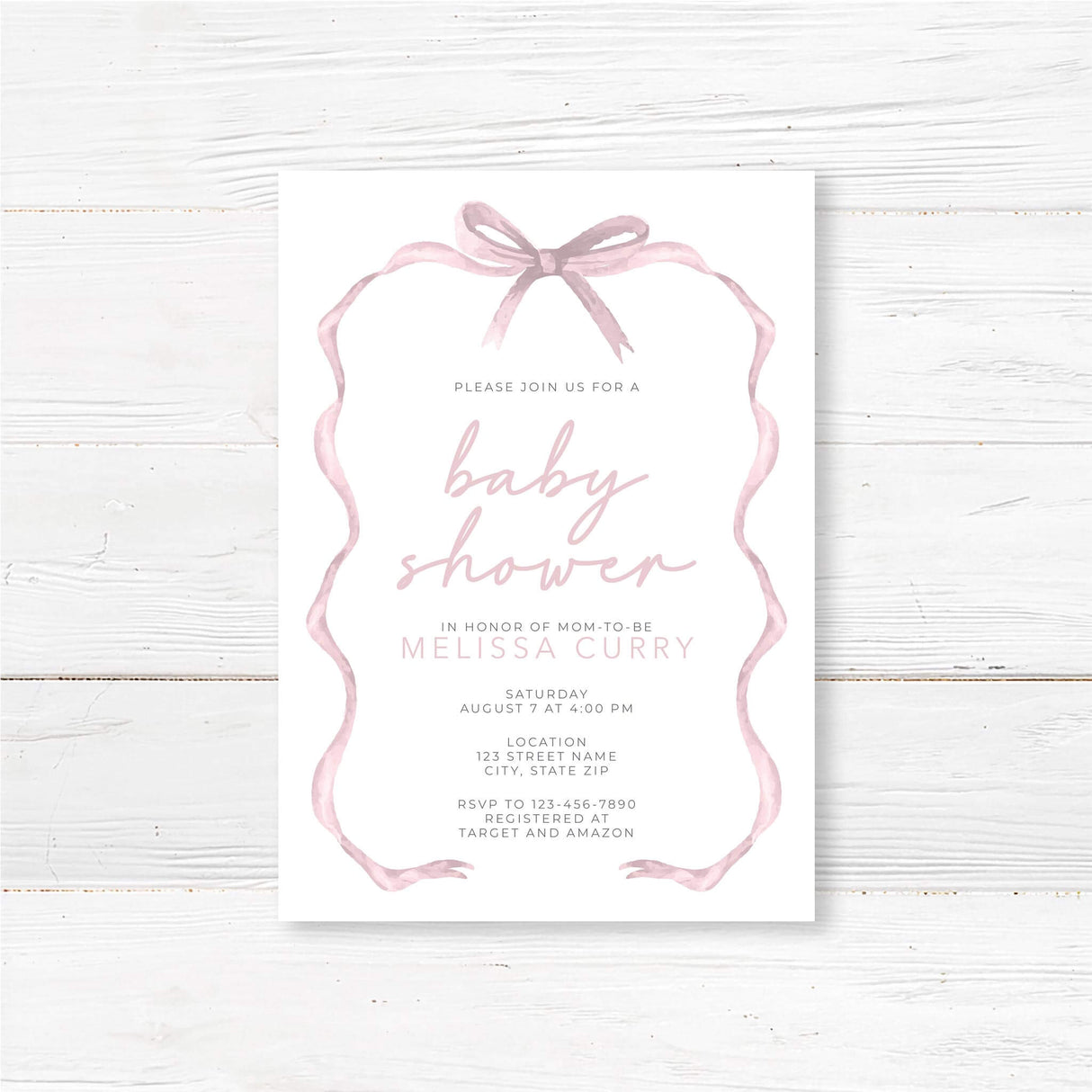Tied with a Ribbon Baby Shower Invitation with pink ribbon and elegant typography on white cardstock.