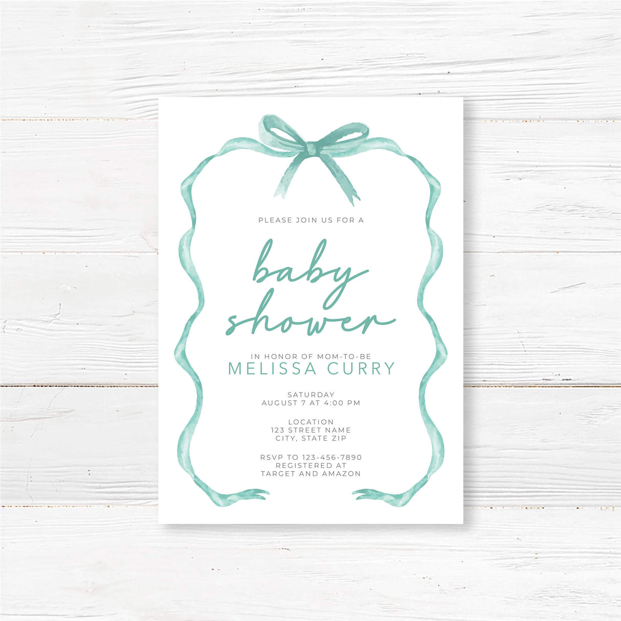 Tied with a Ribbon baby shower invitation with teal ribbon design on white cardstock, personalized for Melissa Curry.