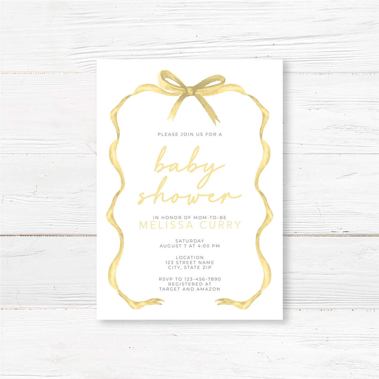 Tied with a Ribbon Baby Shower Invitation with gold ribbon design on white cardstock, ideal for gender-neutral celebrations.