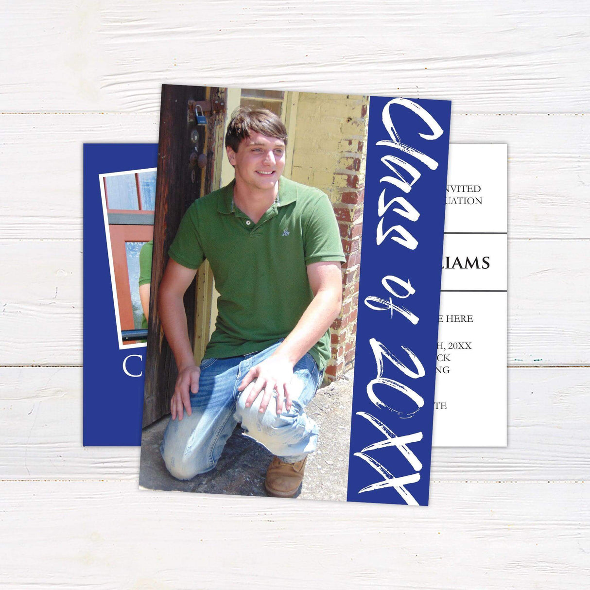Personalized graduation invitation with a senior photo tilted on one side and elegant typography on the other. Custom printed on high-quality cardstock, ideal for high school or college graduation celebrations. blue back