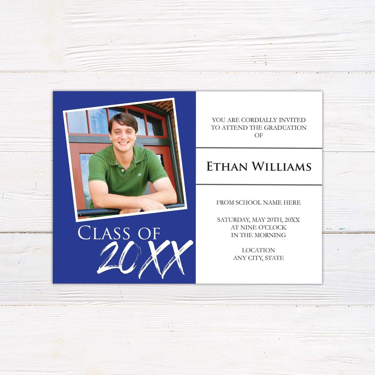 Personalized graduation invitation with a senior photo tilted on one side and elegant typography on the other. Custom printed on high-quality cardstock, ideal for high school or college graduation celebrations. blue