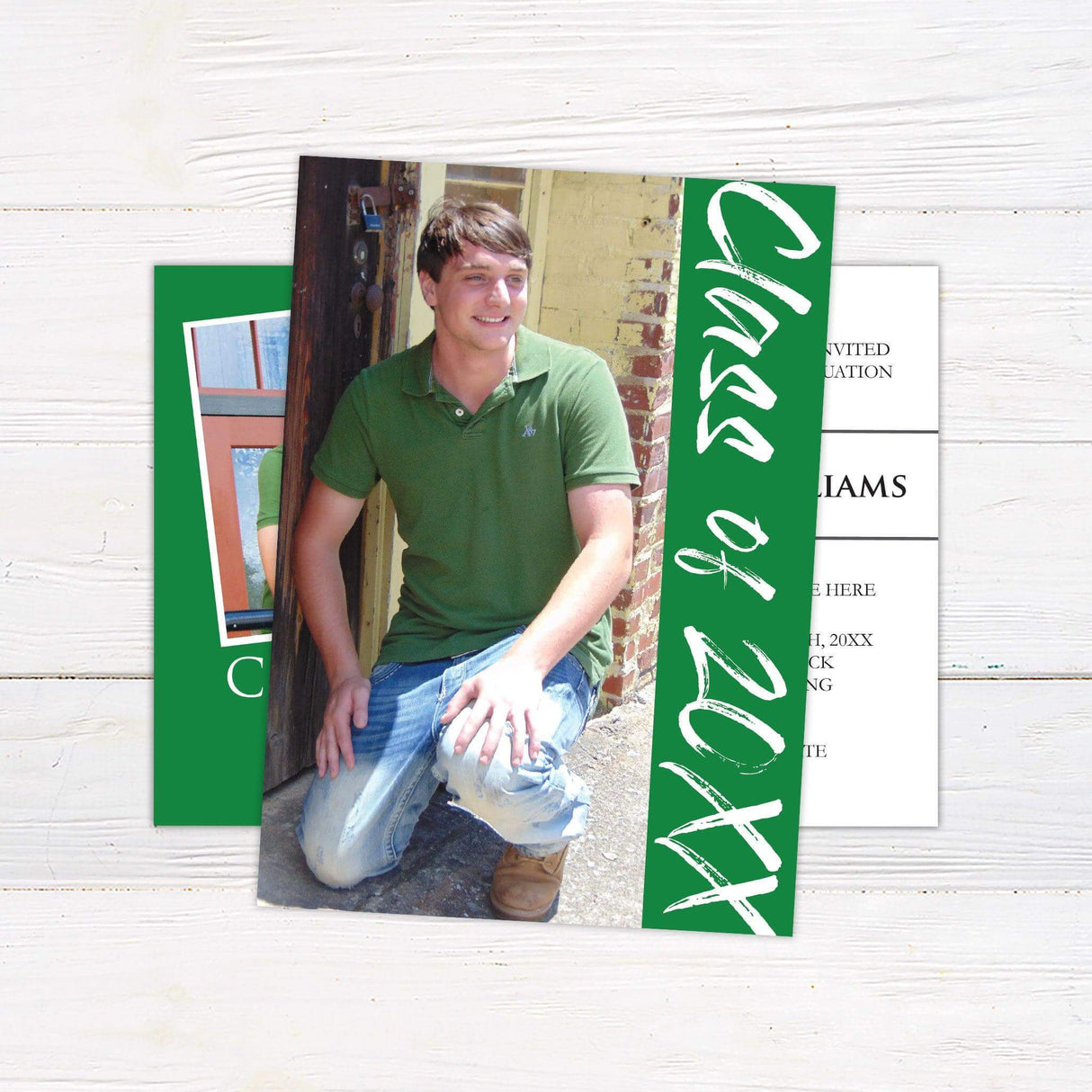 Personalized graduation invitation with a senior photo tilted on one side and elegant typography on the other. Custom printed on high-quality cardstock, ideal for high school or college graduation celebrations. green back
