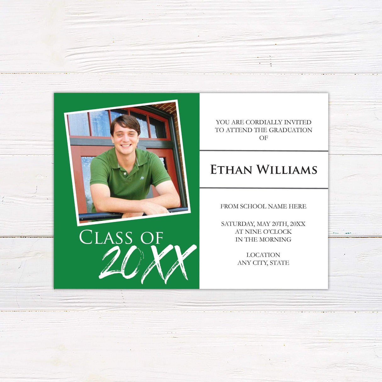 Personalized graduation invitation with a senior photo tilted on one side and elegant typography on the other. Custom printed on high-quality cardstock, ideal for high school or college graduation celebrations. green