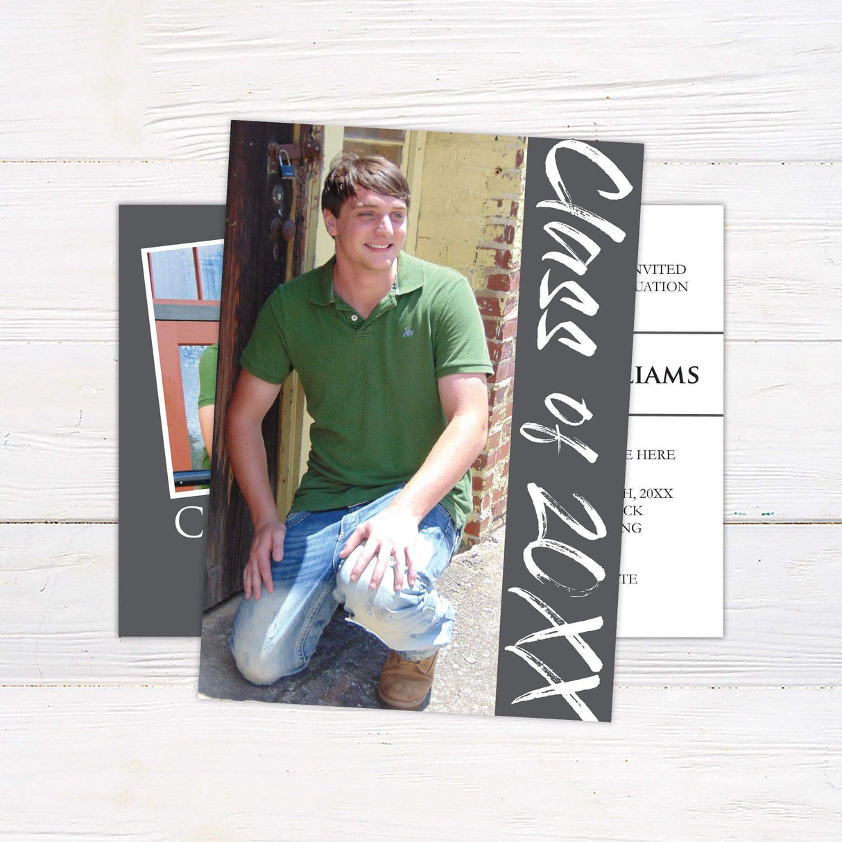 Personalized graduation invitation with a senior photo tilted on one side and elegant typography on the other. Custom printed on high-quality cardstock, ideal for high school or college graduation celebrations. gray back