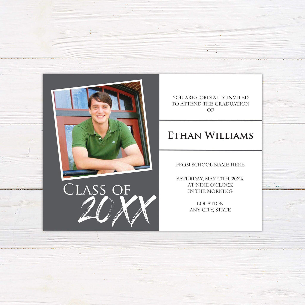 Personalized graduation invitation with a senior photo tilted on one side and elegant typography on the other. Custom printed on high-quality cardstock, ideal for high school or college graduation celebrations. gray
