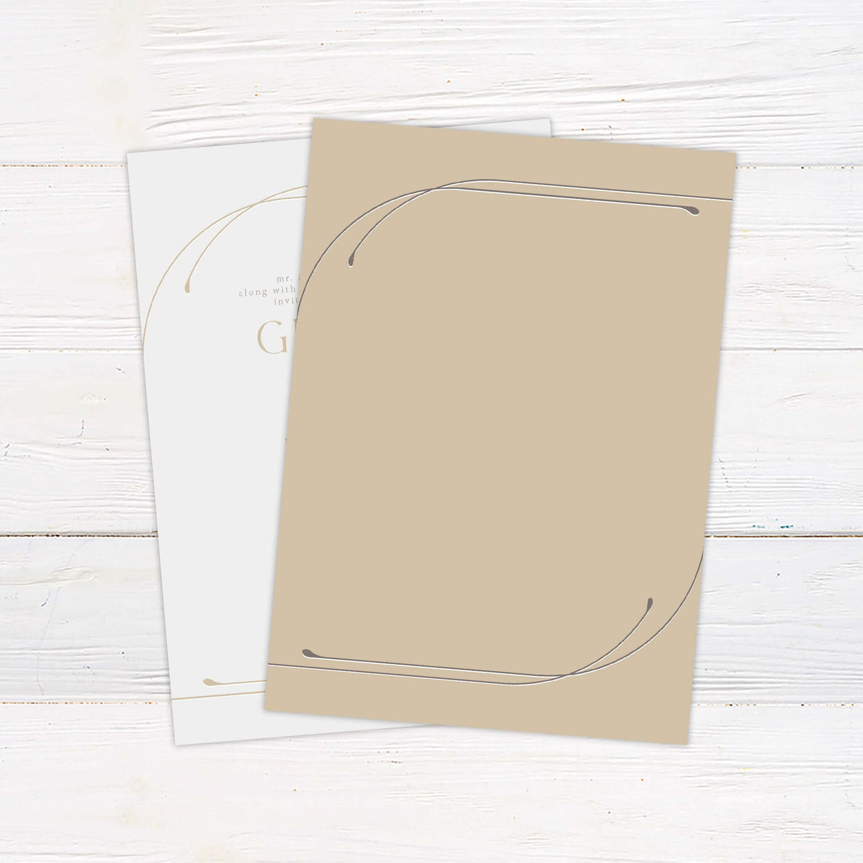 Modern minimalist wedding invitation printed on smooth white cardstock, featuring elegant serif typography and a delicate curved gold line accent wrapping around two corners. Designed for upscale, neutral-themed weddings, this printed invitation combines timeless design elements with refined simplicity. Ideal for contemporary or traditional couples seeking a clean, luxury wedding stationery suite with a soft, sophisticated aesthetic. back