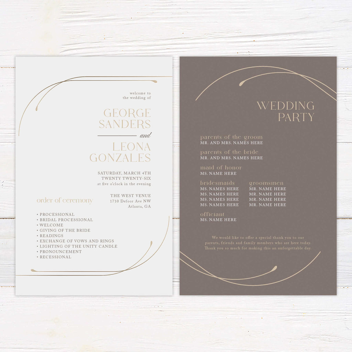 Two-sided wedding ceremony program printed on premium cardstock, designed with neutral tones and delicate gold curve detailing. The front outlines the ceremony order in clean serif type, while the back features a wedding party list on a warm taupe background. A modern and elegant keepsake for guests, this program blends structure and style, providing essential information while maintaining the minimalist luxury theme of the Timeless Curve suite.