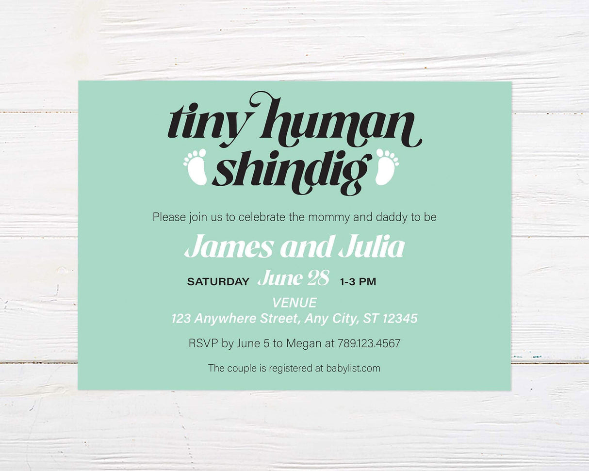 Mint green "Tiny Human Shindig" baby shower invitation with playful script and footprints, featuring customizable event details for a gender-neutral celebration.