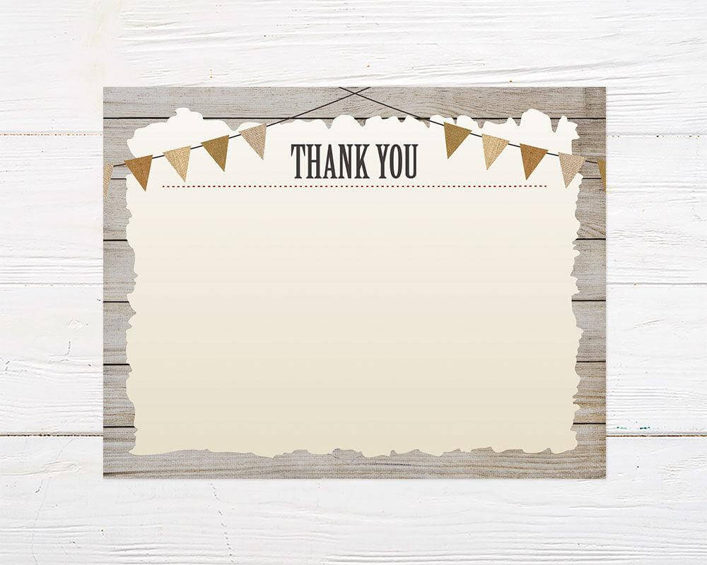 Rustic thank you card with a beige parchment-style center, decorated with a string of burlap pennant flags at the top and a wooden plank background.