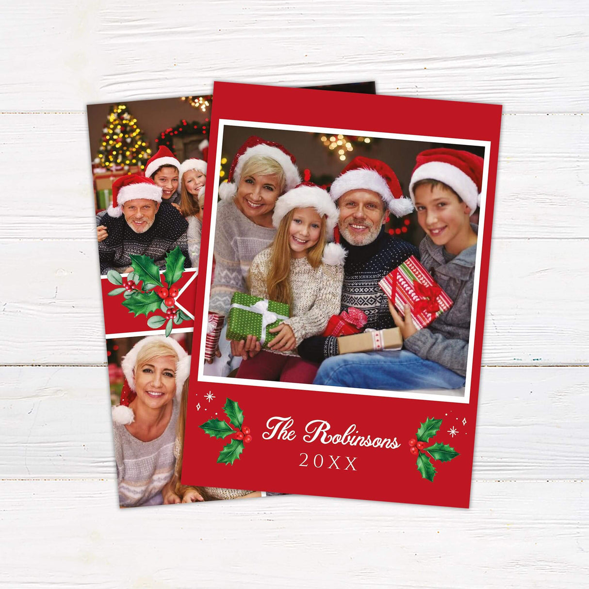 Traditional Christmas photo collage card with red background, holly accents, four family photos, and central Merry Christmas message. - back.