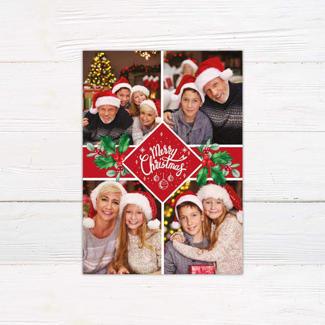 Traditional Christmas photo collage card with red background, holly accents, four family photos, and central Merry Christmas message.