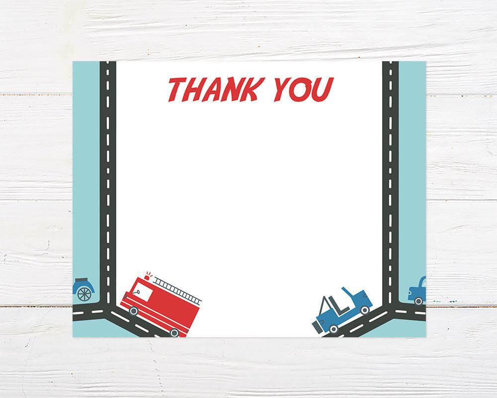 Thank you card design featuring a road border with cartoon cars and a fire truck on a mint green background. Red "Thank You" text appears at the top center, leaving space in the middle for a message.