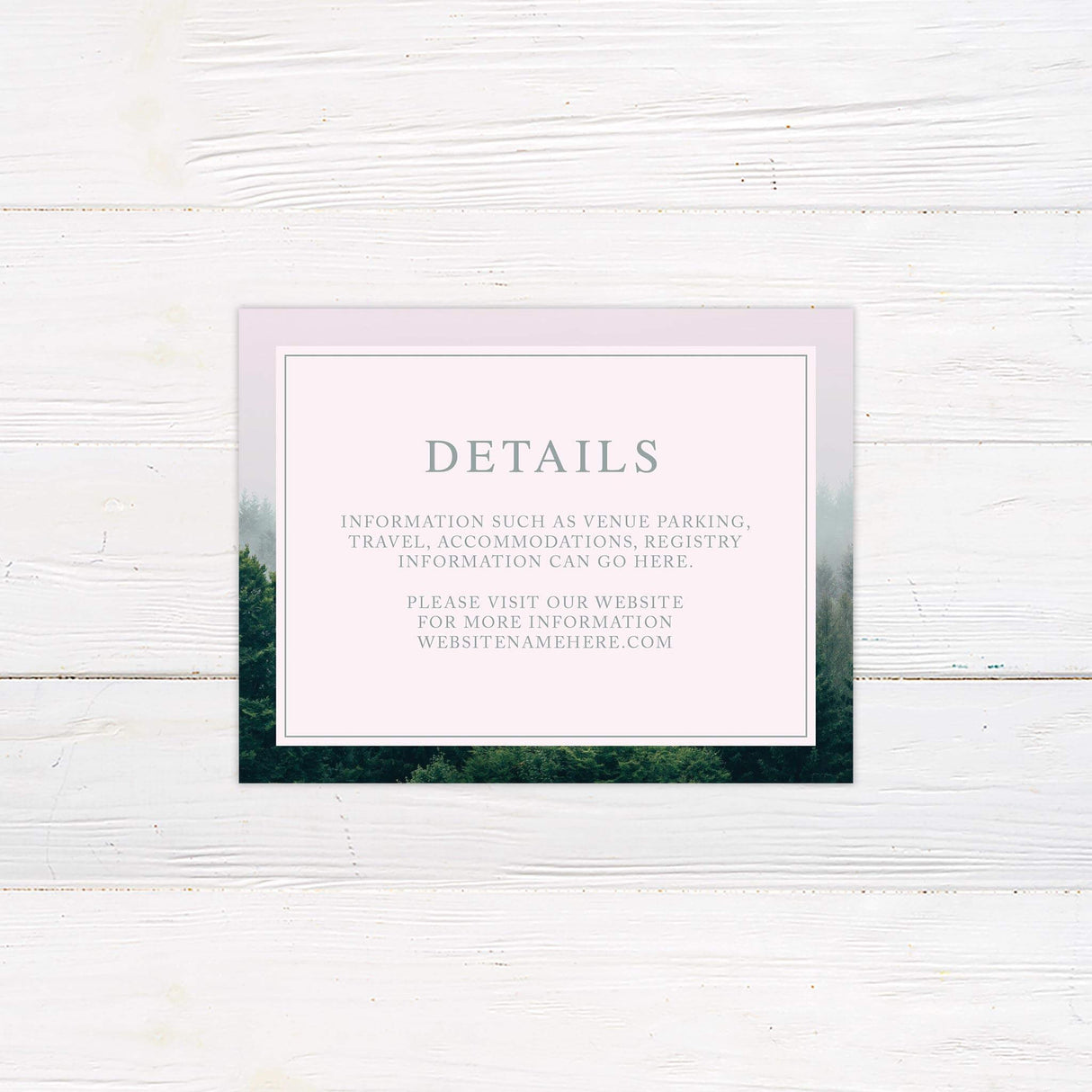 Matching detail card with soft borders and forest-inspired design elements.
