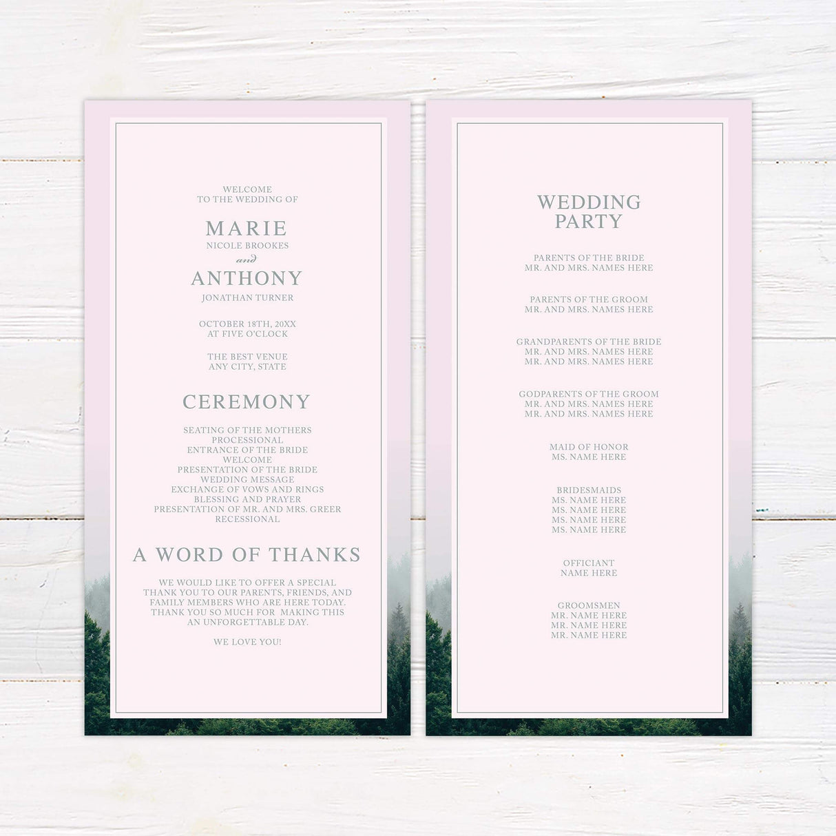 Wedding program with subtle woodland theme and refined typography.