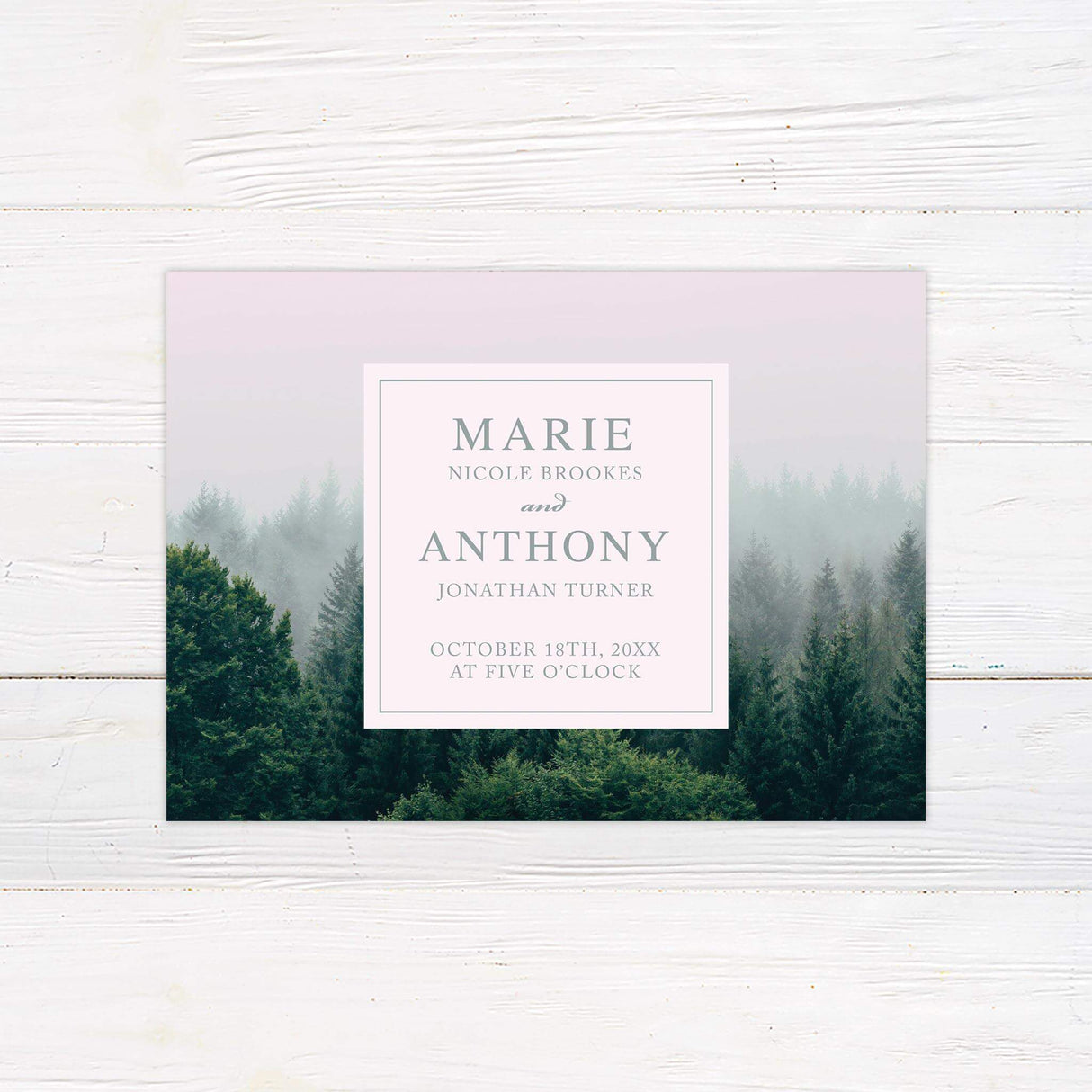 Save the Date card featuring soft misty trees and formal wedding fonts.