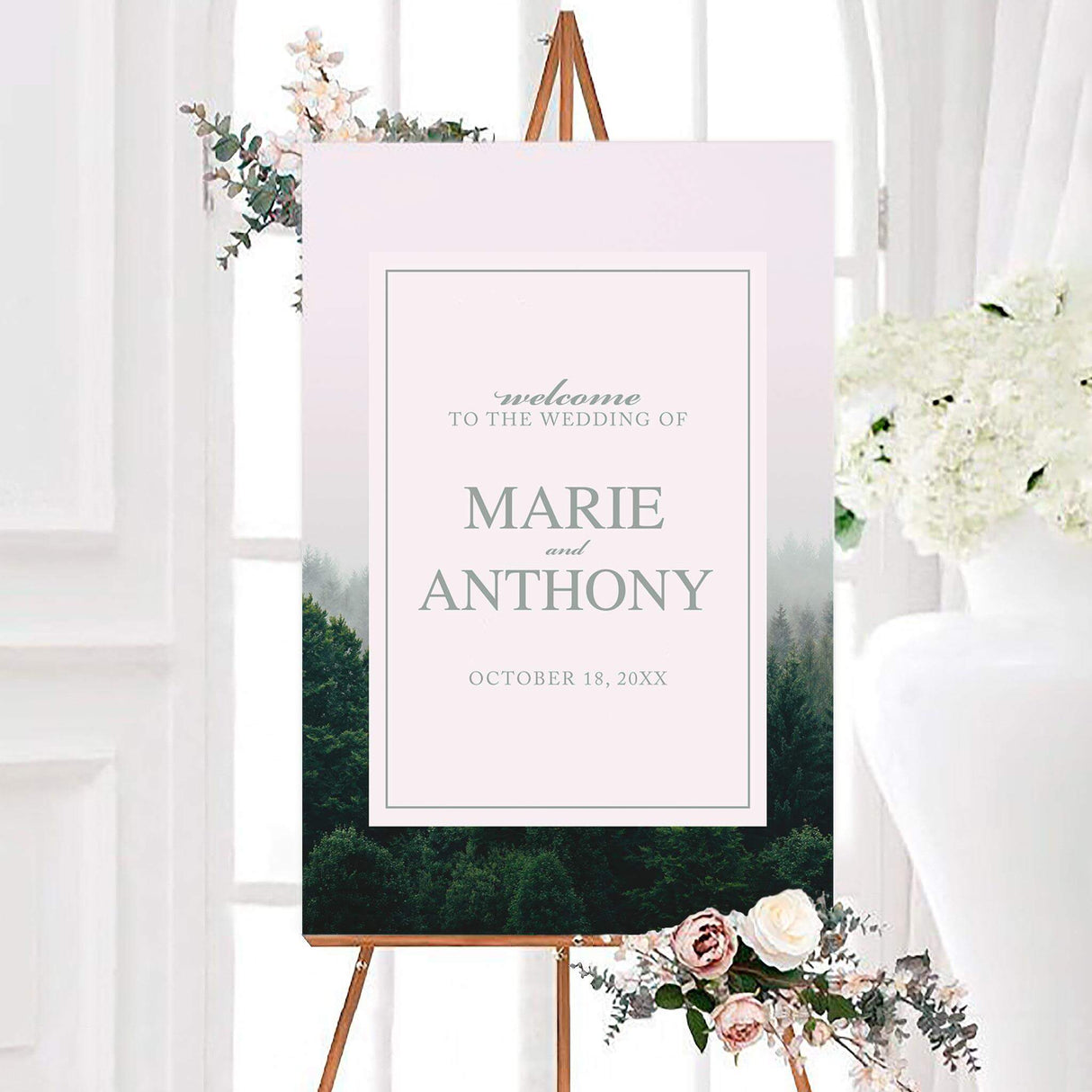 Treeline wedding welcome sign featuring a misty evergreen forest background, minimalist border, personalized names, and wedding date. The nature-inspired design creates a soft and elegant entrance display.