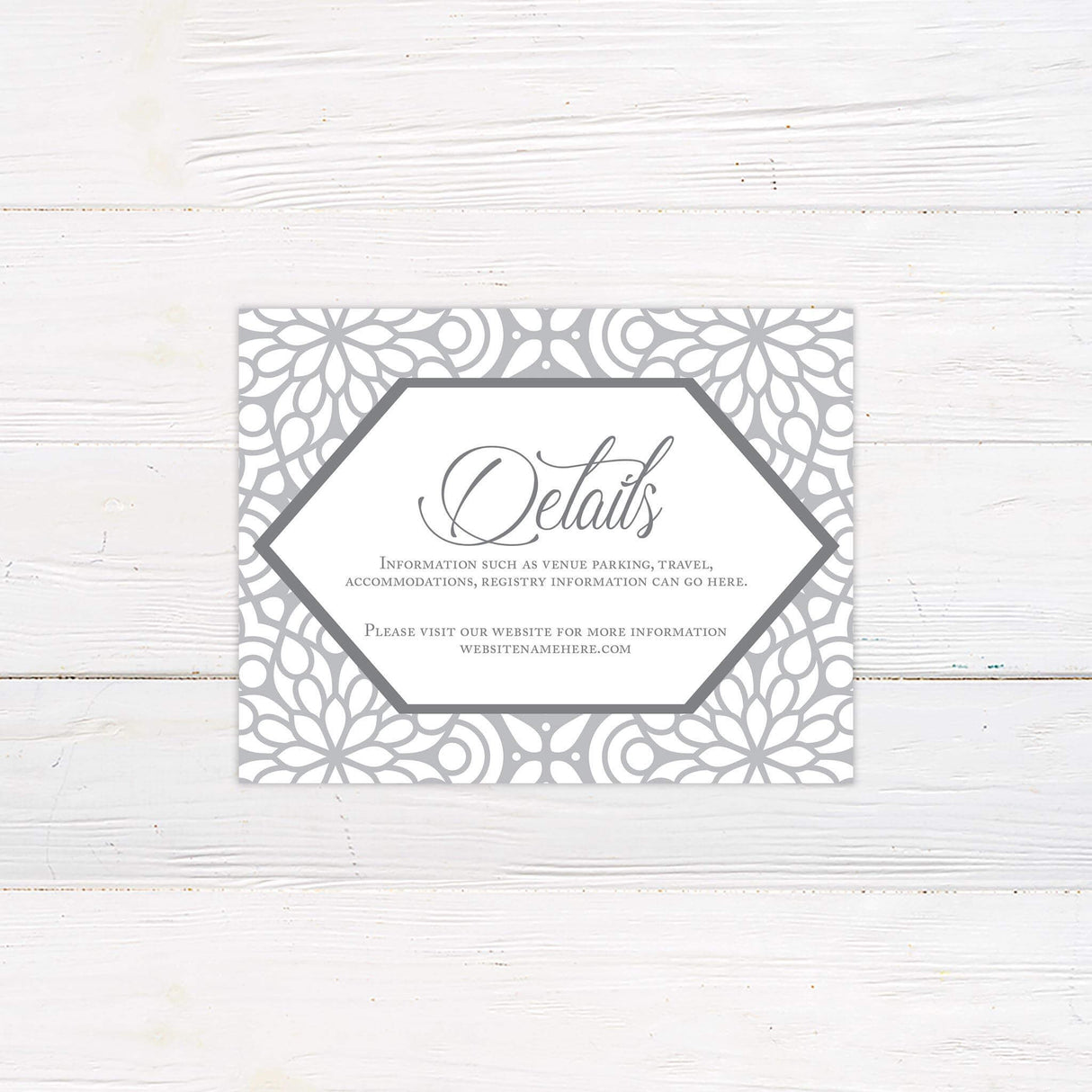Matching detail card with taupe geometric background and clean serif fonts.