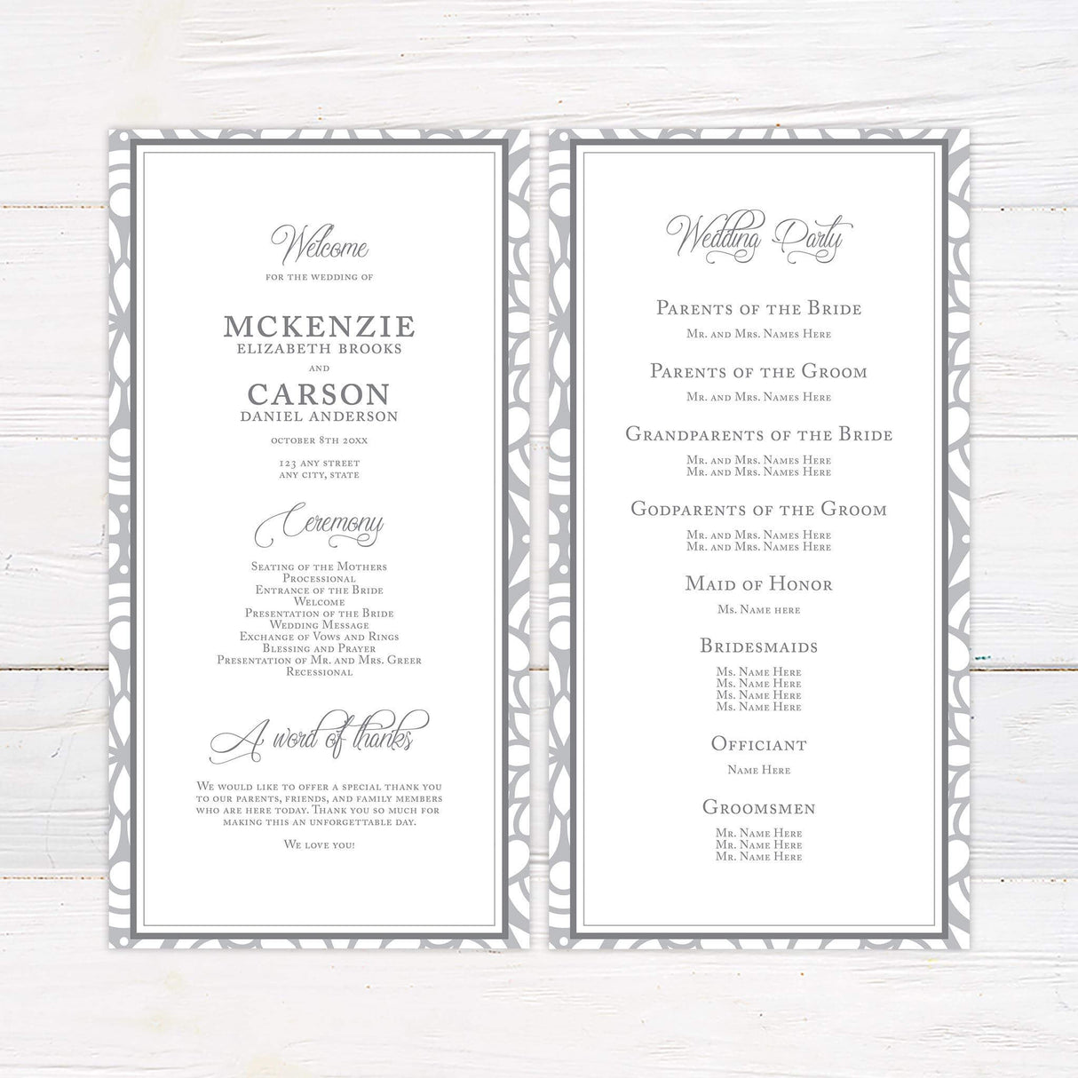 Wedding program featuring trellis-inspired border and structured layout.