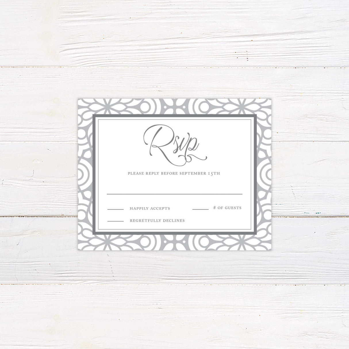 Coordinating RSVP card with taupe trellis pattern and modern classic text layout.