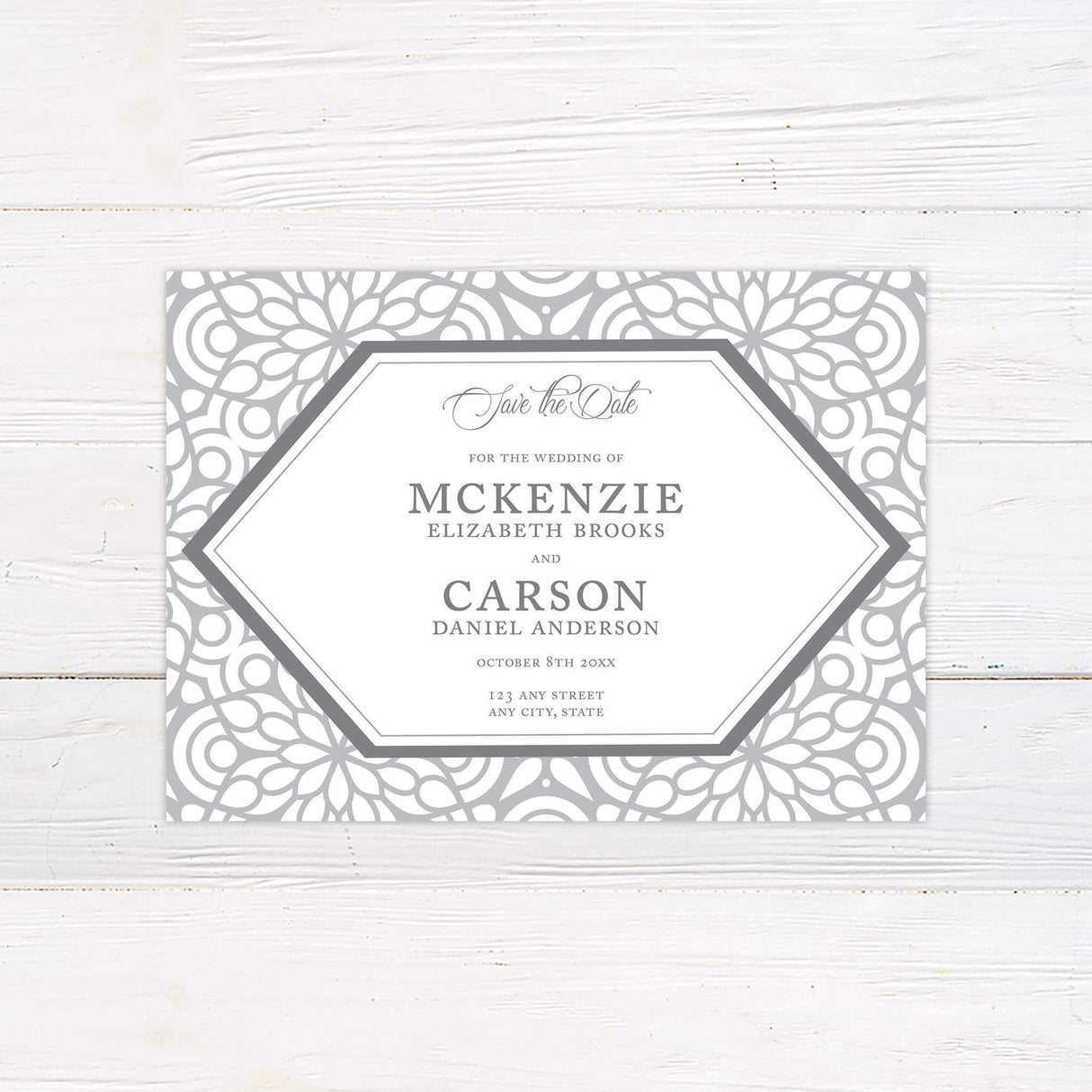 Save the Date card with geometric taupe design and elegant printed details.