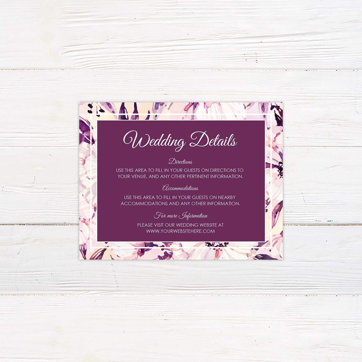 Matching detail card featuring bold painted floral accents and elegant typography.