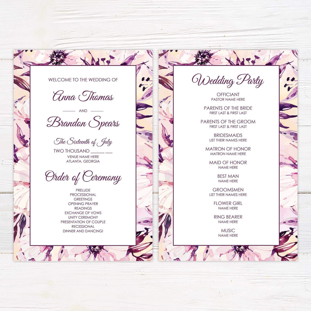Wedding program with coordinating purple and blush floral artwork and organized text layout.