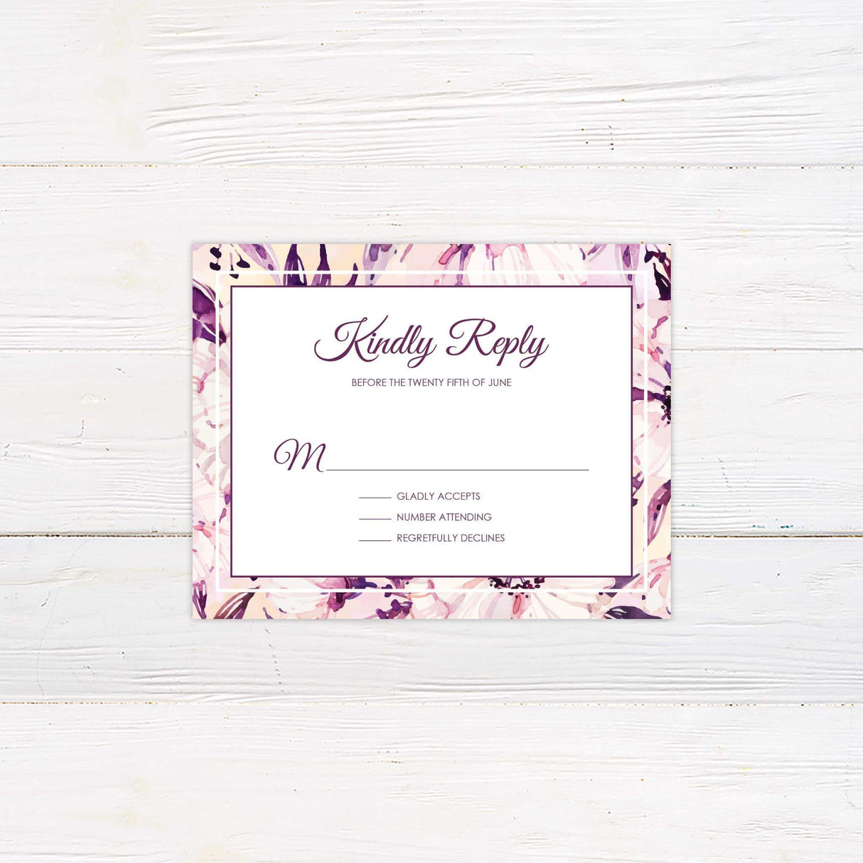 Coordinating RSVP card with purple watercolor flowers and simple reply layout.