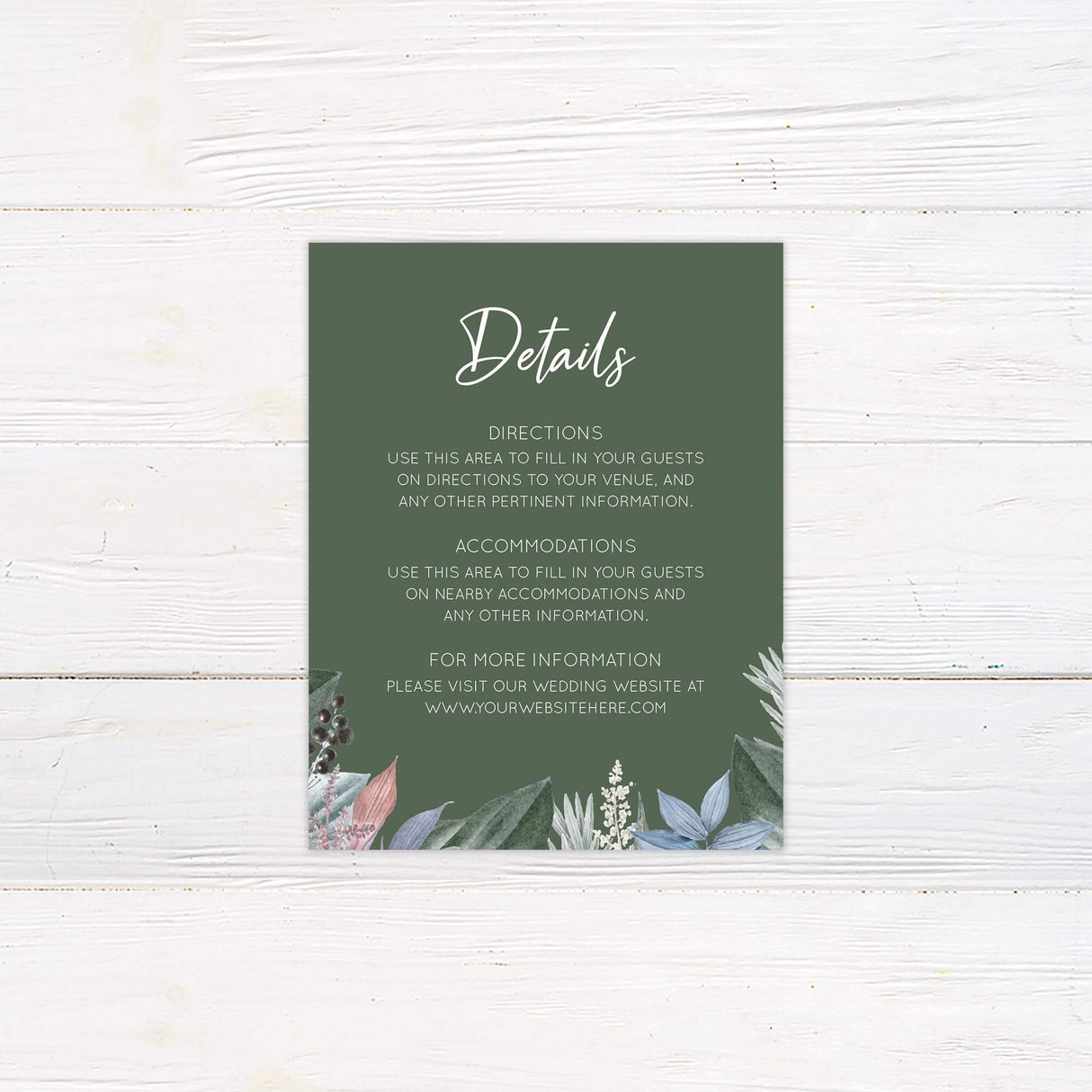 Tropical floral detail card with coordinating watercolor design and modern layout.