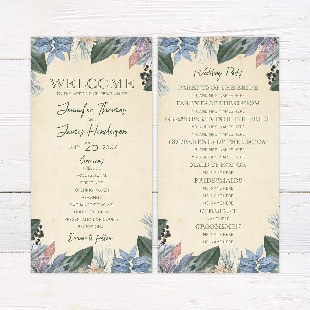 Wedding program featuring matching pastel botanical illustrations and clean fonts.