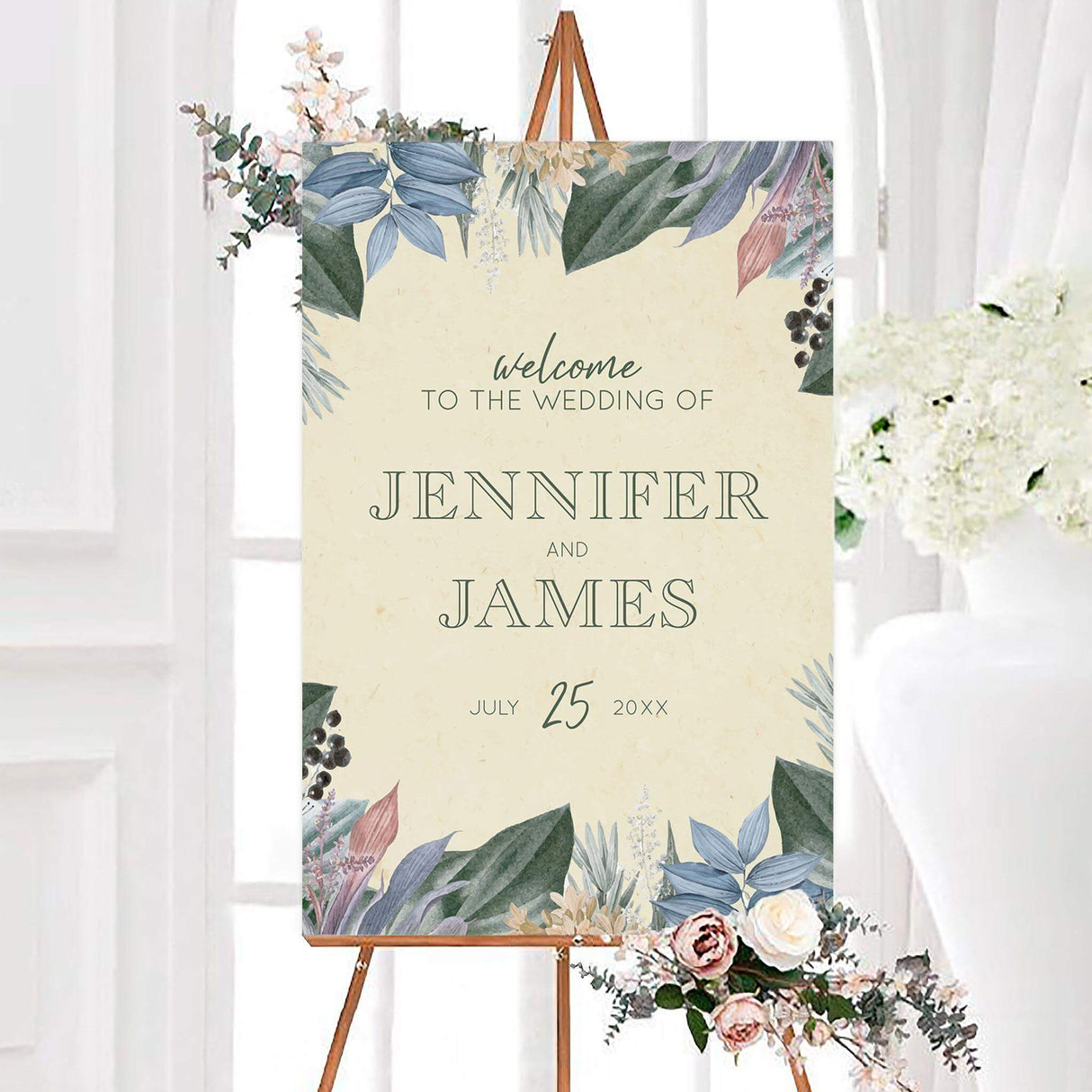 Wedding welcome sign with pastel tropical leaves and romantic typography.