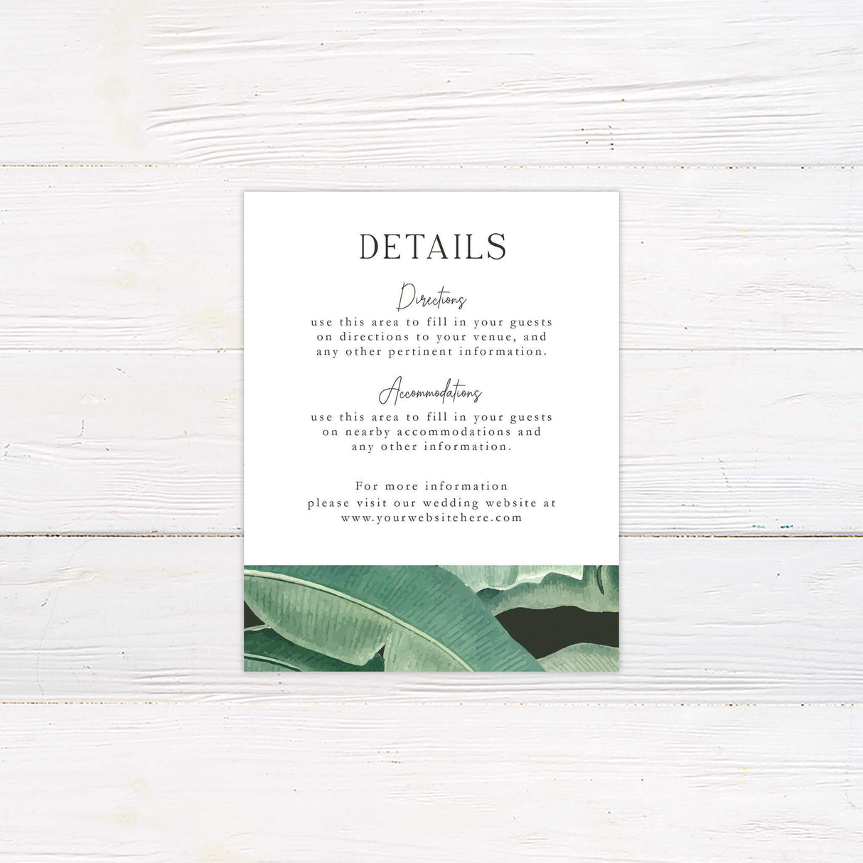 Detail card featuring lush green leaf accents with space for travel and venue info.