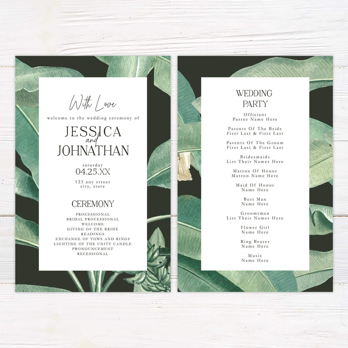 Wedding program with tropical leaf border and clean, modern design.