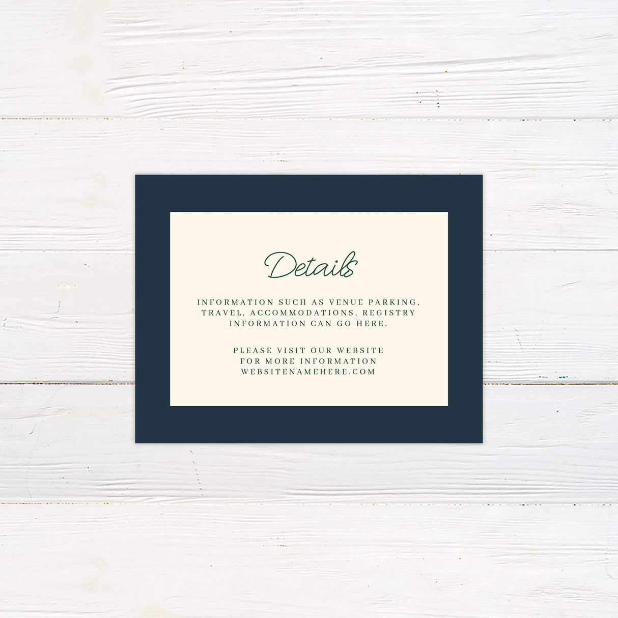 Detail card with botanical greenery border and elegant tropical theme.