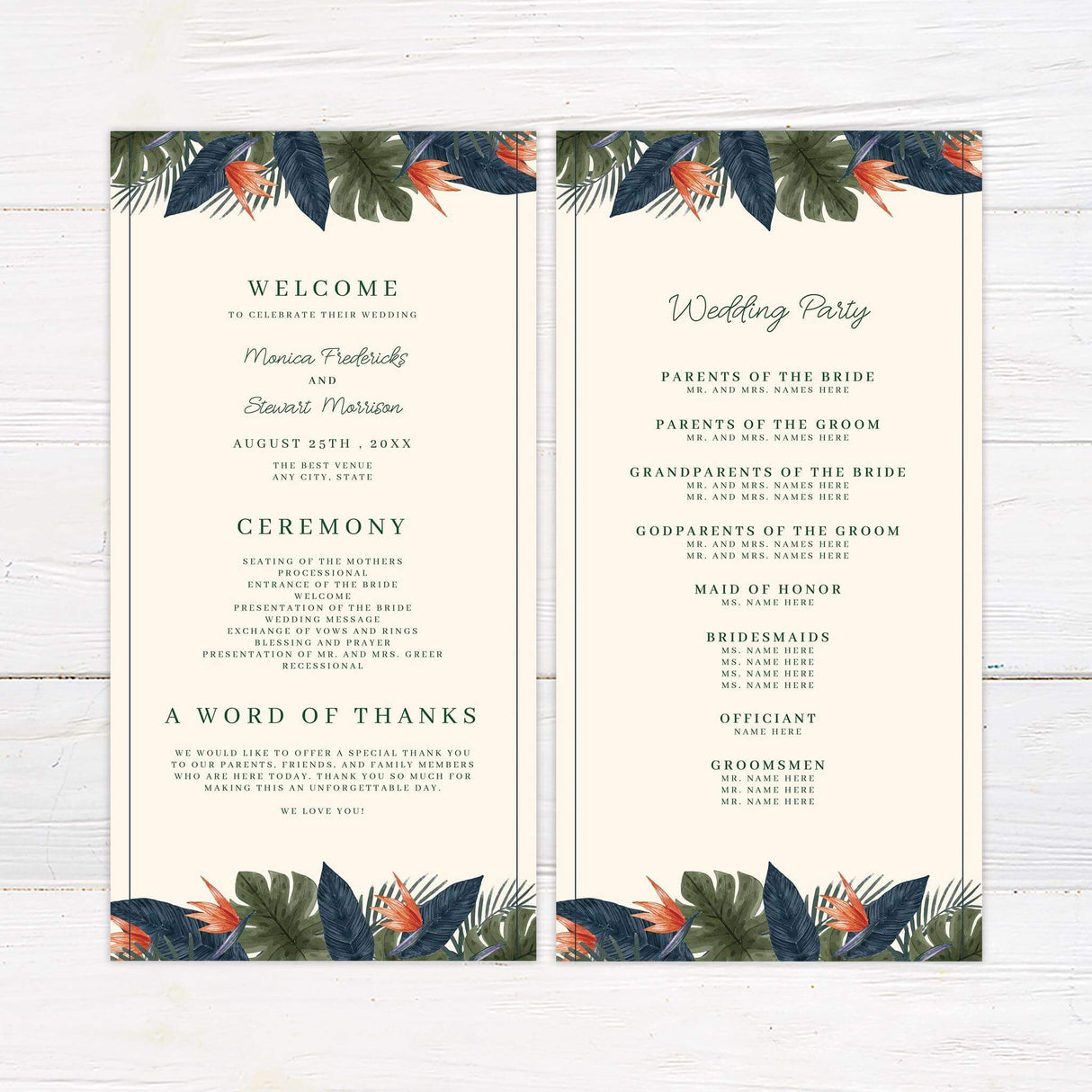 Wedding program with matching tropical floral border and clean layout.