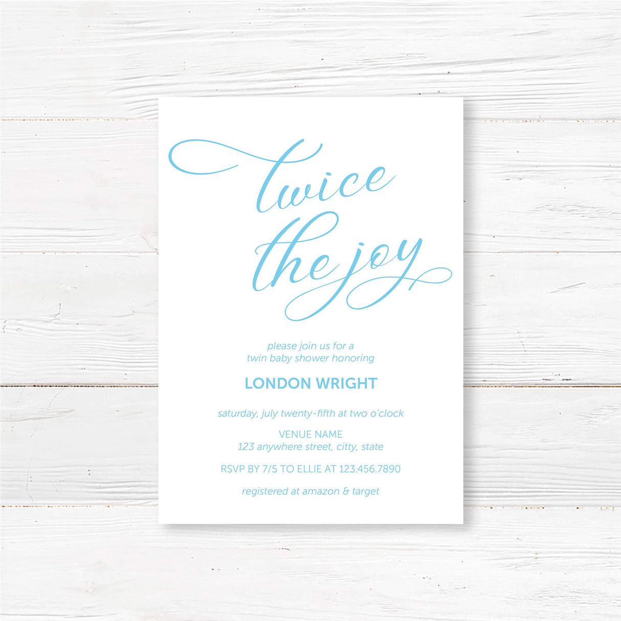Professionally printed twin baby shower invitation with “Twice the Joy” modern script design and customizable event details