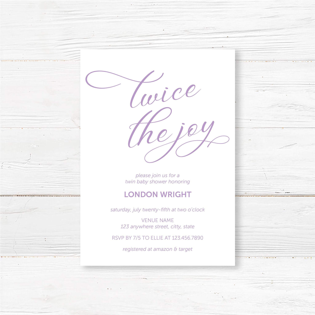 Professionally printed twin baby shower invitation with “Twice the Joy” modern script design and customizable event details