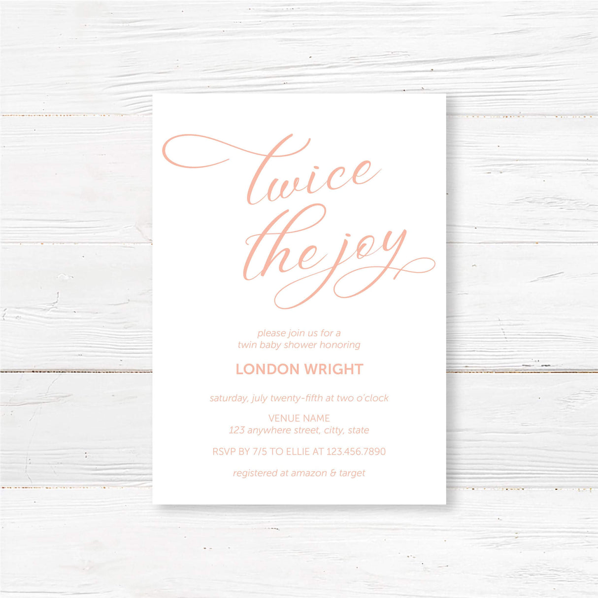 Professionally printed twin baby shower invitation with “Twice the Joy” modern script design and customizable event details