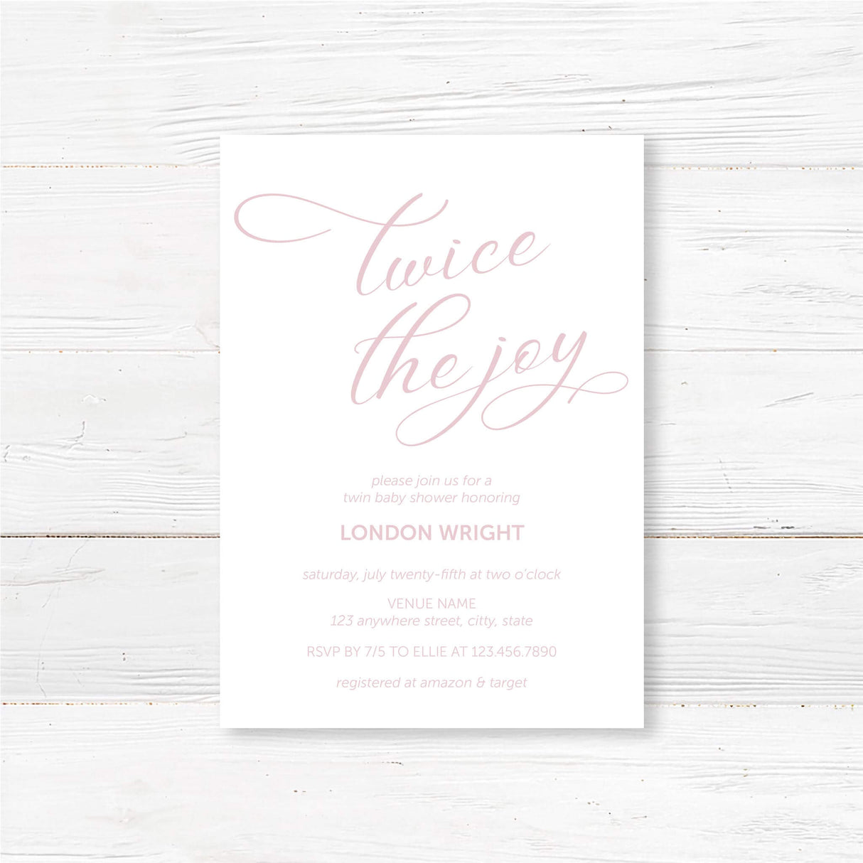 Professionally printed twin baby shower invitation with “Twice the Joy” modern script design and customizable event details