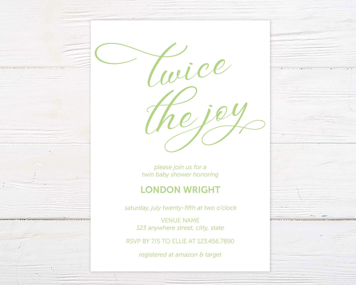 Professionally printed twin baby shower invitation with “Twice the Joy” modern script design and customizable event details