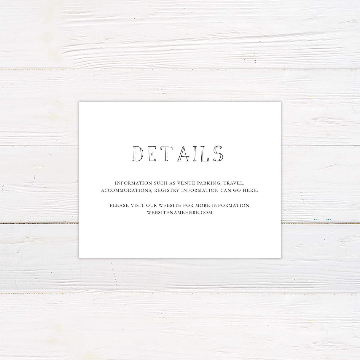 Wedding detail card with hand-drawn sketch accents and nature-inspired layout.