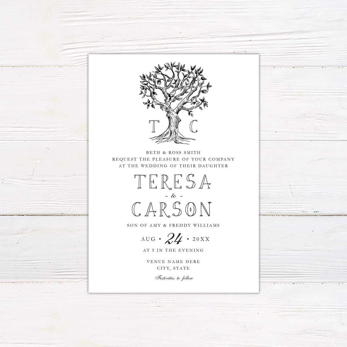 Rustic wedding invitation featuring a hand-drawn tree sketch with initials and artistic serif typography on a clean white background.