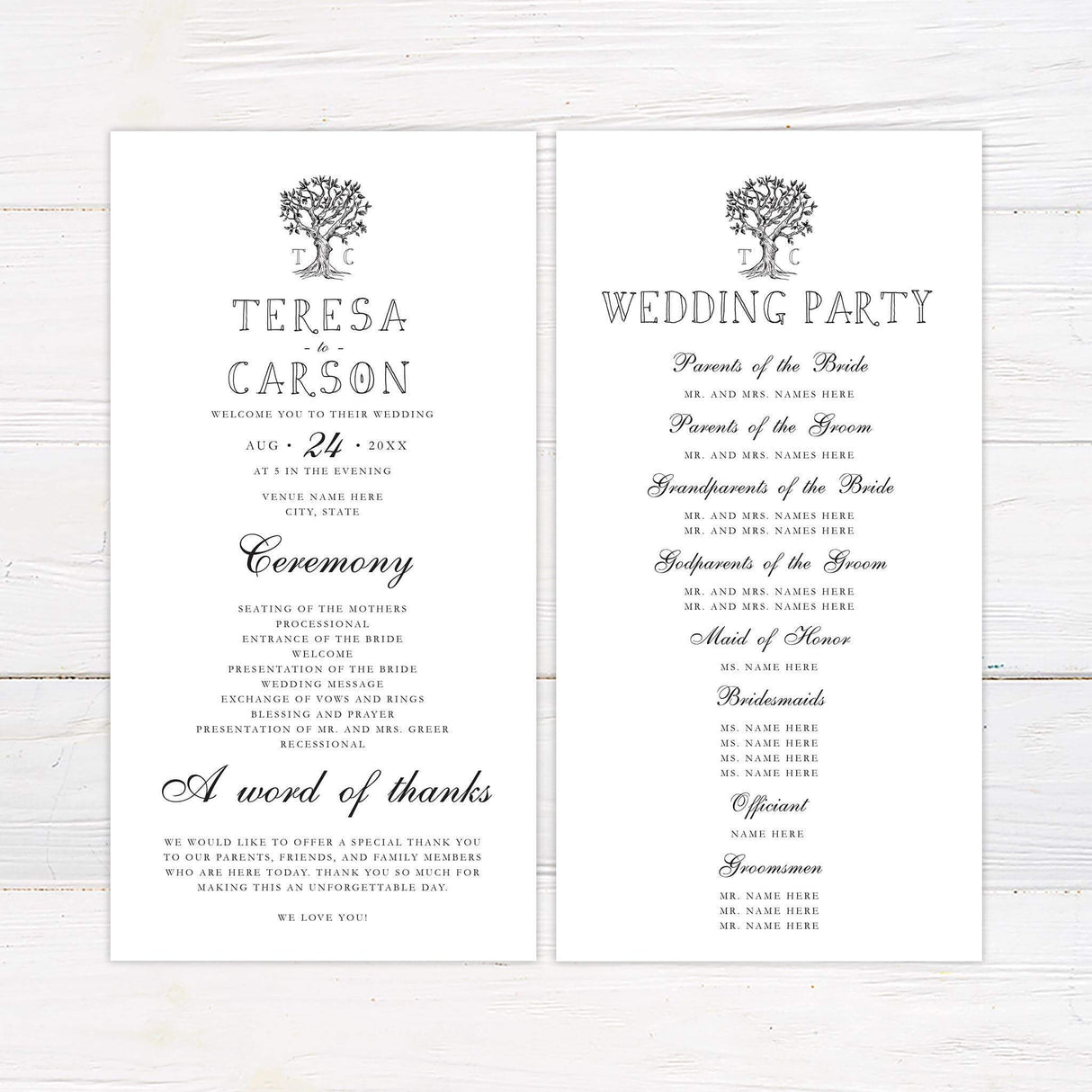 Wedding program with matching tree graphic and elegant serif text.
