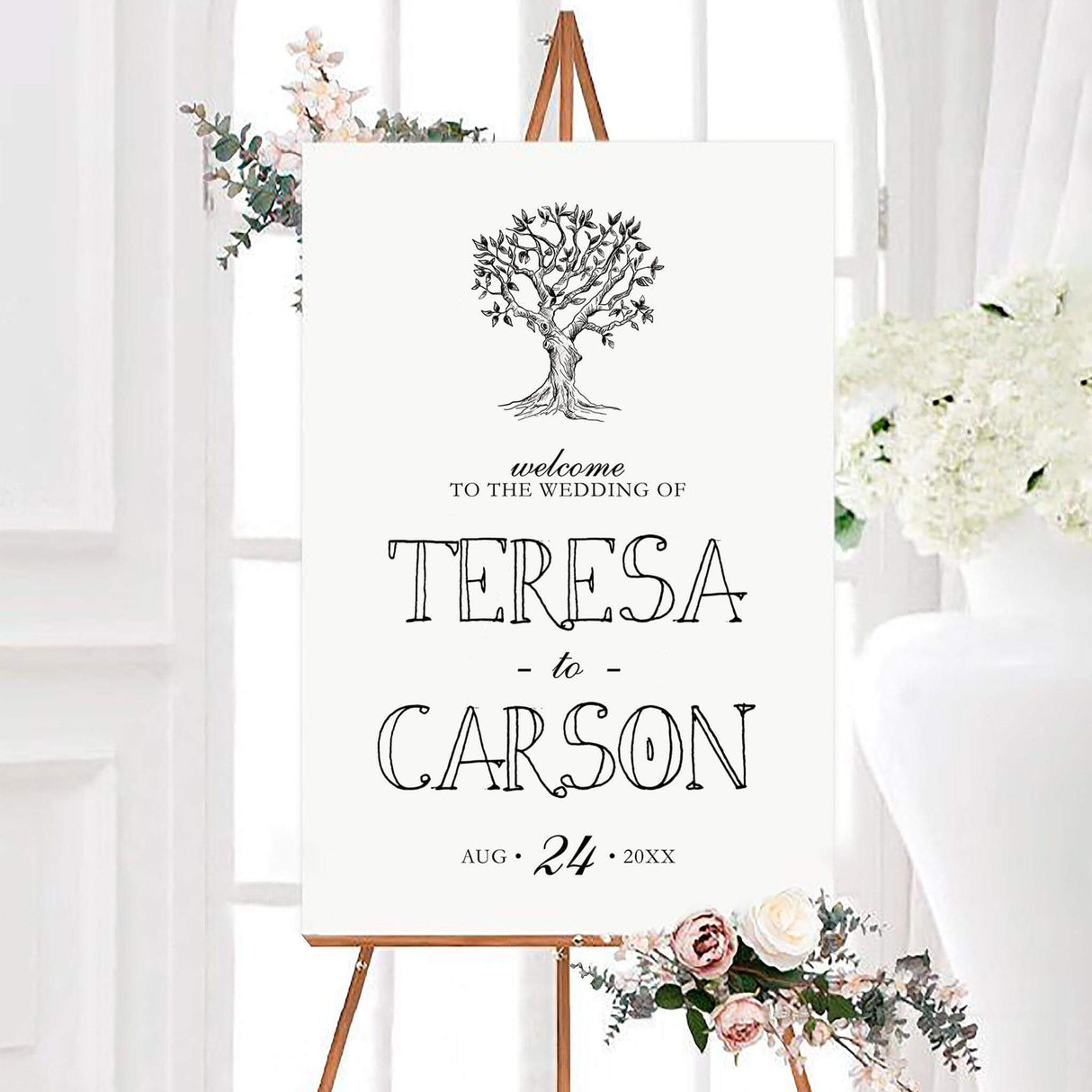 Rustic twisted tree wedding welcome sign featuring a hand-drawn twisted tree with personalized couple names and wedding date. The black-and-white design combines artistic lettering with elegant script details.